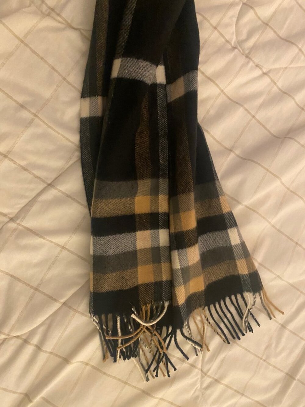 Made in Scotland 100% Cashmere Plaid Scarf 69” x 12” camel, cream, grey, blk